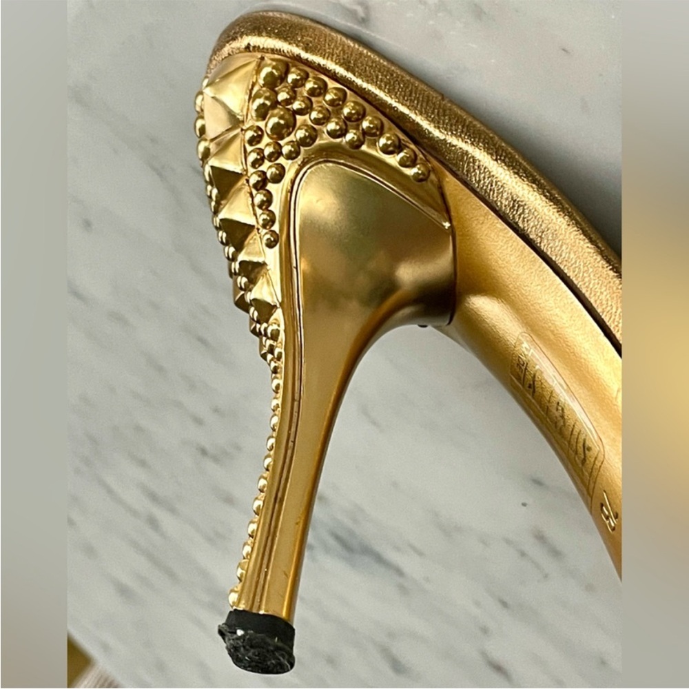 Gucci Rare Tom Ford Runway snakeskin slides, reptilian heel, blk & gold, 7 - Picture 13 of 17
